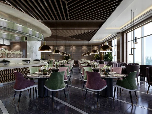 Chic Restaurant Modern Design Trendy Furniture Green Burgundy Colors Black — Stock Photo, Image