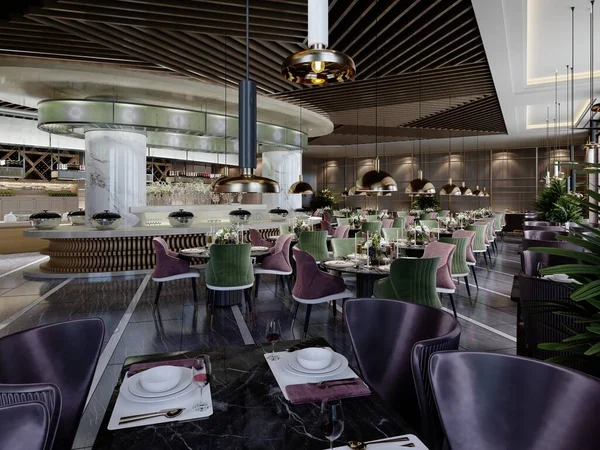 Modern bir tasarımı olan şık bir restoran ve yeşil ve bordo renkli, siyah zemin ve beyaz kolonları olan moda mobilyalar. 3B görüntüleme.