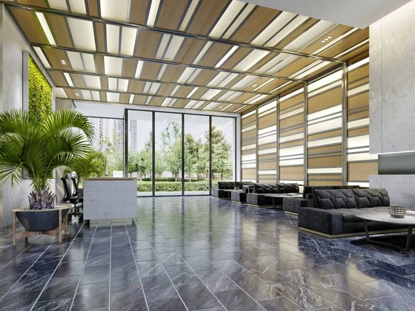 天井の高い受付や照明付きの木製の壁 ソファ付きの大理石の床とデザインオフィスの入り口と待機エリア 3Dレンダリング — ストック写真