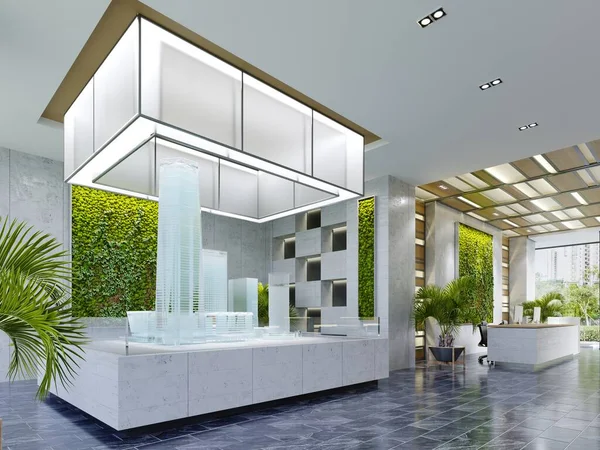 Immobilienverkaufsbüro Mit Großer Glasbau Attrappe Von Oben Beleuchtet Modernem Interieur — Stockfoto