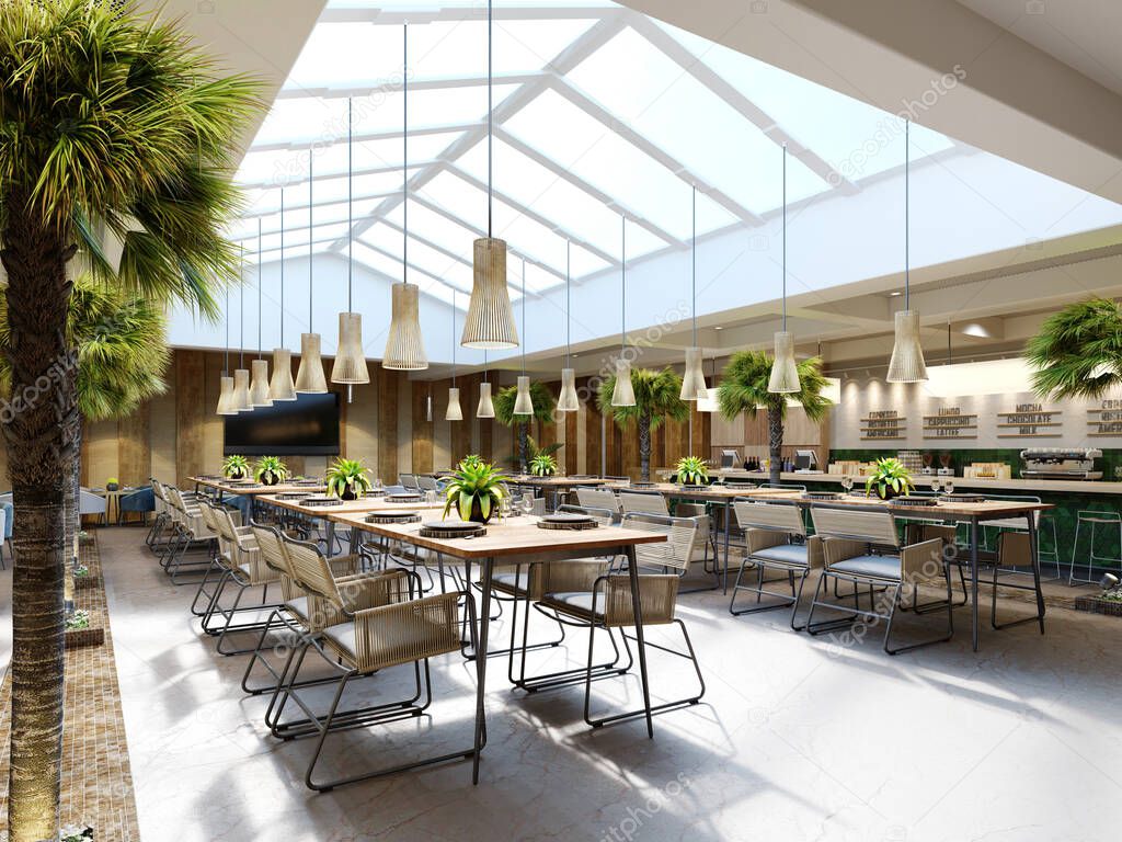 Luxurious restaurant with palm trees inside with a large glass atrium with wooden walls and fashionable furniture. 3d rendering.