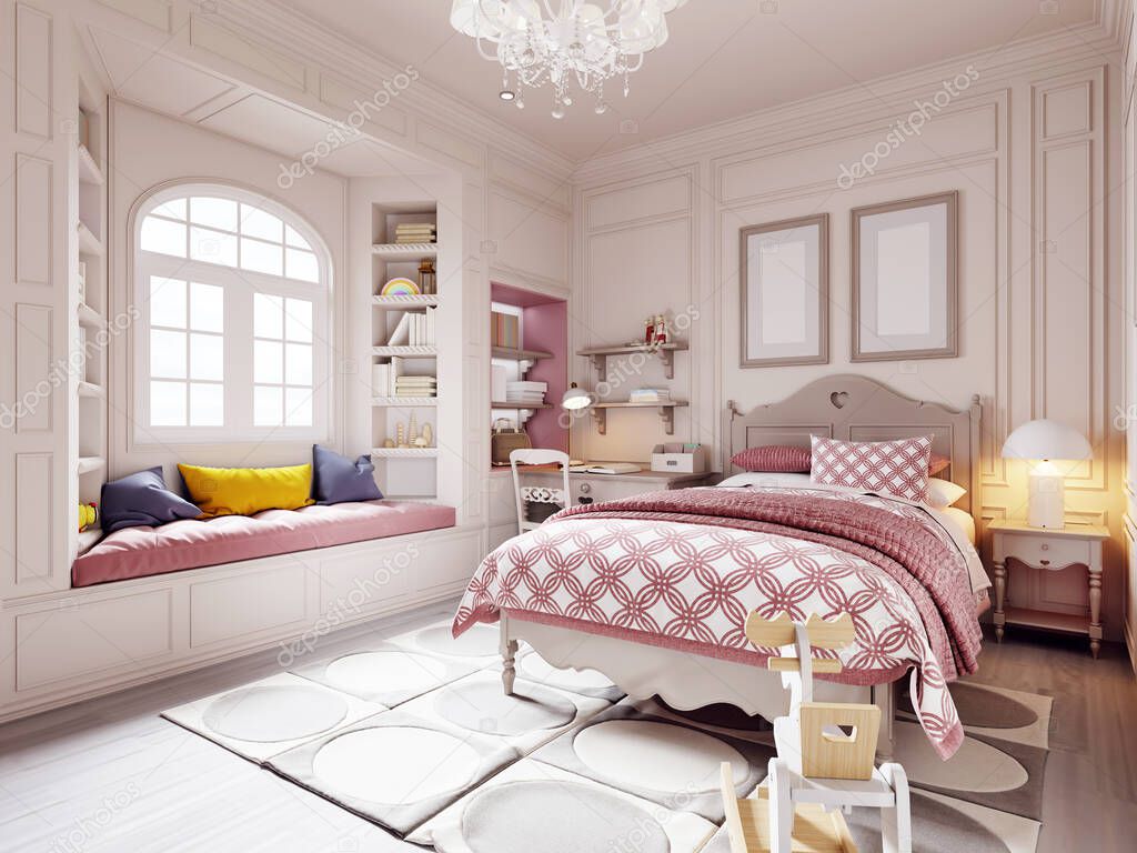 Children's room in a classic style in beige and pink with a desk and toys and shelves near the window. 3d rendering.