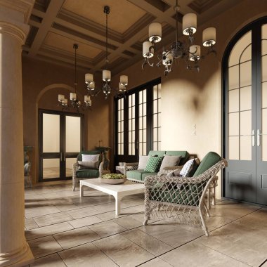 Yaz verandası klasik tarzda sütunları ve hasırlı mobilyaları olan taş zeminleri ve akşam güneşiyle aydınlatılan. 3B görüntüleme.