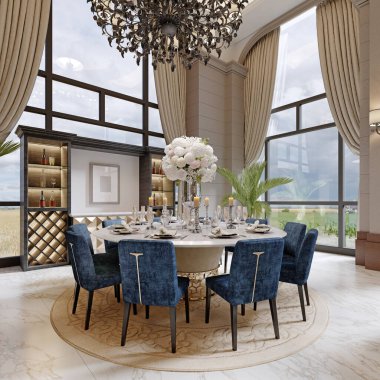 Geniş oturma odasında büyük, lüks bir yemek masası. Yüksek tavanlı, modern, klasik, mavi sandalyeli ve beyaz bir masa. 3B görüntüleme.