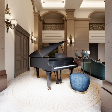 Mavi sedirli siyah piyano. Lüks bir klasik tarzı var. 3B görüntüleme.