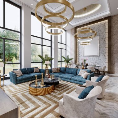 Geniş pencereli, oturma odalı, yüksek tavanlı, oturma odalı, yemek salonlu ve sandalyeli büyük bir tasarımcı masası olan modern bir oturma odası. 3B görüntüleme.