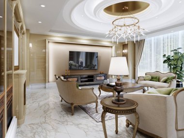 Oturma odası ve televizyon alanı modern klasik tarzda bej renkli, televizyon izli ve dantelli ahşap çekmeceli. 3B görüntüleme.