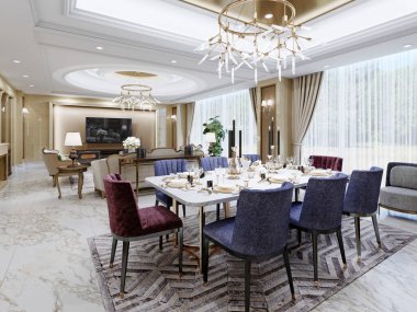 Sarı duvarları ve mermer zemini olan büyük oturma odasında görkemli bir yemek masası olan yemek salonu. 3B görüntüleme.