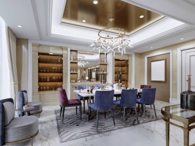 Modern bir iç mekanda, rafların yanında servis için cam eşyalar bulunan beyaz bir masa, bordo ve mavi döşemeli sandalyelerle lüks bir yemek salonu. 3B görüntüleme.