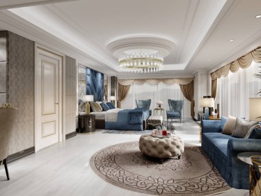 Mavi kanepeli, yatak başlıklı ve açık bej renkli duvarlı büyük, modaya uygun bir yatak odası. 3B görüntüleme.