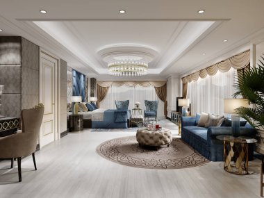 Mavi kanepeli, yatak başlıklı ve açık bej renkli duvarlı büyük, modaya uygun bir yatak odası. 3B görüntüleme.