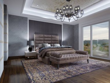 Kahverengi yataklı, gri duvarlı ve penceresinden güzel manzaralı modern bir yatak odası. 3B görüntüleme.