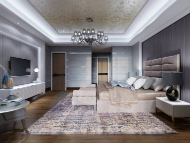 Kahverengi yatağı, kahverengi zemini ve halısı olan gri duvarları olan modern tasarımcı yatak odası. 3B görüntüleme.