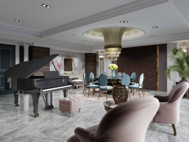 Siyah bir piyanonun önünde kahverengi koltukları ve lüks bir iç mekanda oturma alanı olan bir yer. 3B görüntüleme.
