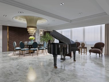 Siyah bir piyanonun önünde kahverengi koltukları ve lüks bir iç mekanda oturma alanı olan bir yer. 3B görüntüleme.
