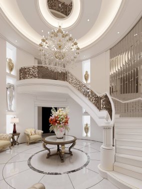 İç taraftaki merkezi yuvarlak giriş salonu klasik stil olarak spiral bir merdiveni ve işlenmiş demir parmaklıkları ve yumuşak koltukları ve klasik dekorlu beyaz duvarları olan oturma alanı ile klasiktir. 3B görüntüleme. 