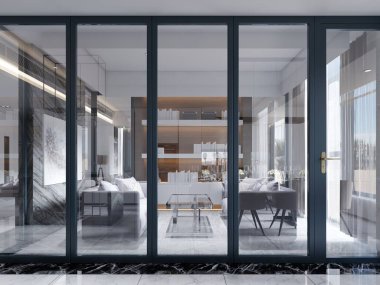 Camlı toplantı odası, iki kanepe ve mermer ve ahşap zeminli bir dergi masası. 3d oluşturma.