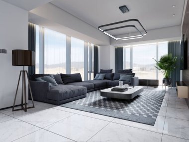 Çağdaş oturma odası ve ahşap televizyon duvarı dekorlu bakır bir oyuk ve geniş panoramik pencerenin yanında büyük gri bir kanepe. 3d oluşturma.
