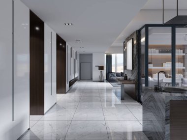 Beyaz duvarları ve zeminleri kahverengi ahşap delikli kapıları olan bir apartman dairesinde geniş bir koridor. 3d oluşturma.