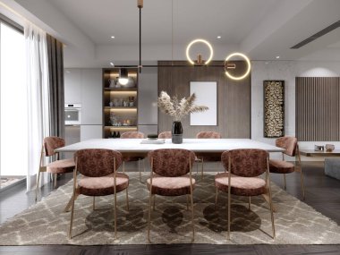 Kırmızı sandalyeli yemek odası ve ahşap duvarlı çağdaş bir iç mekanda altın bacaklı beyaz bir masa. 3B görüntüleme.