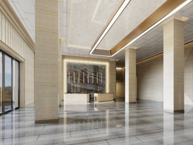 Sarı mermer ve yüksek tavanlı sütunlarla modern bir iç mekanda ışıklandırılmış siyah mermer panelli iki resepsiyon masası. 3B görüntüleme.