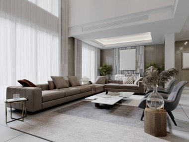 Çağdaş oturma odası, açık renkli, yüksek tavanlı ve modern mobilyalı. 3d oluşturma.