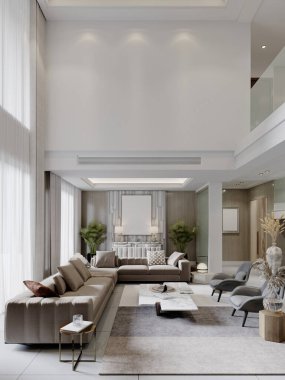 Çağdaş oturma odası, açık renkli, yüksek tavanlı ve modern mobilyalı. 3d oluşturma.