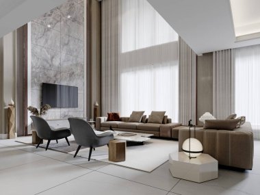 Çağdaş oturma odası, açık renkli, yüksek tavanlı ve modern mobilyalı. 3d oluşturma.