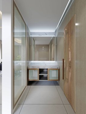 Lavabonun önü modern tarzda ahşap bir dolabı ve penceresi var. 3d oluşturma.