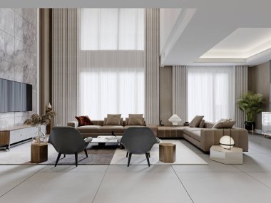 Çağdaş oturma odası, açık renkli, yüksek tavanlı ve modern mobilyalı. 3d oluşturma.
