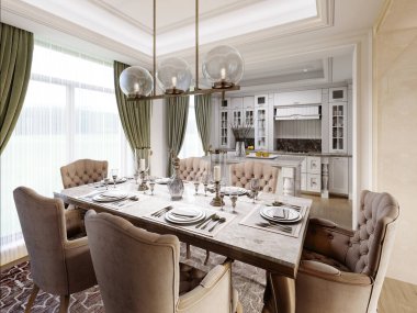 Yemek masası ve beyaz mutfak mobilyaları olan klasik mutfak odası. 3d oluşturma.