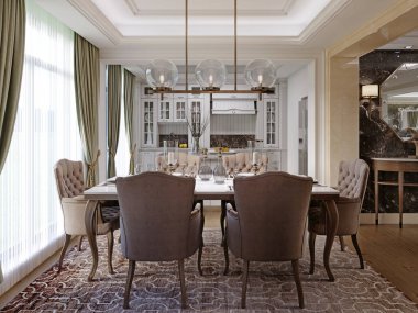 Yemek masası ve beyaz mutfak mobilyaları olan klasik mutfak odası. 3d oluşturma.