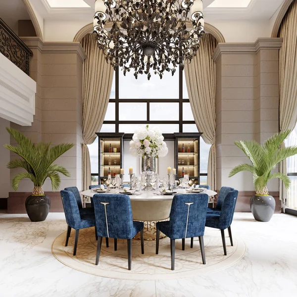 大客厅里的大型豪华餐桌 天花板很高 具有现代经典风格 有蓝色椅子和白色桌子 3D渲染 — 图库照片