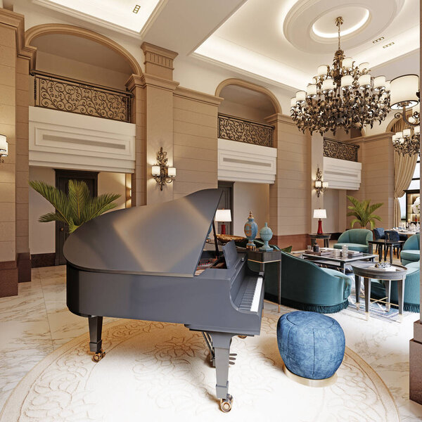 Black piano with blue ottoman in a luxurious classic style interior. 3D rendering.