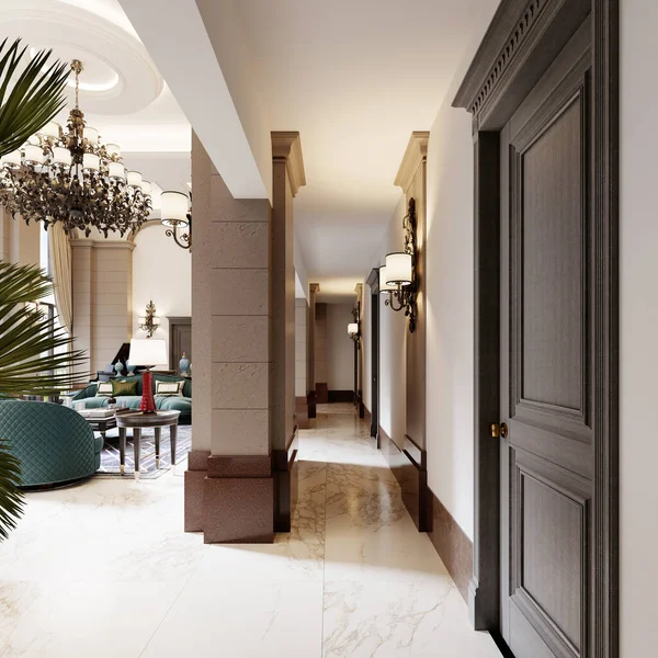 壁には茶色の柱とドアと凹部を持つ大理石の柱があるリビングルームの廊下の通路 3Dレンダリング — ストック写真