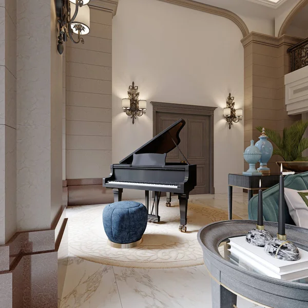 Zwarte Piano Met Blauwe Poef Een Luxe Klassiek Interieur Weergave — Stockfoto