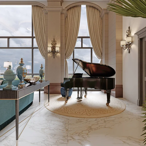 Zwarte Piano Met Blauwe Poef Een Luxe Klassiek Interieur Weergave — Stockfoto