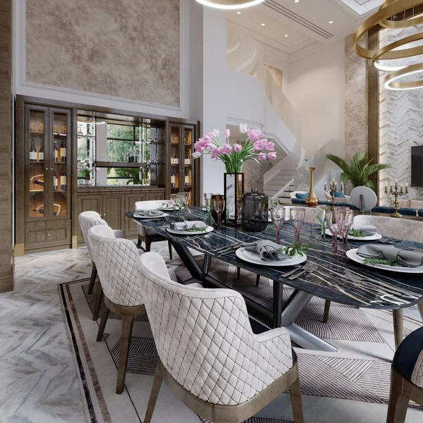 Table Salle Manger Design Dans Intérieur Luxueux Avec Hauts Plafonds — Photo