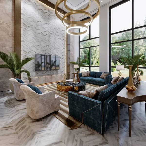 Luxueux Salon Avec Mobilier Rembourré Bleu Dans Intérieur Blanc Avec — Photo