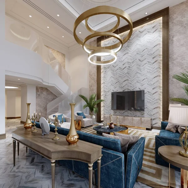 Luxusní Obývací Pokoj Posezení Modrým Čalouněným Nábytkem Bílém Interiéru Vysokými — Stock fotografie