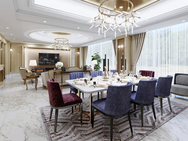 Sarı duvarları ve mermer zemini olan büyük oturma odasında görkemli bir yemek masası olan yemek salonu. 3B görüntüleme.