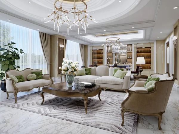 Luxuriöse Sitzecke Wohnzimmer Mit Klassischen Beigefarbenen Sofas Und Holzmöbeln Wohn — Stockfoto
