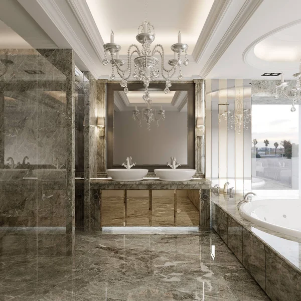 浴室采用古典风格 灰色大理石和金门装饰在两个洗脸盆和一个大浴缸上 3D渲染 — 图库照片