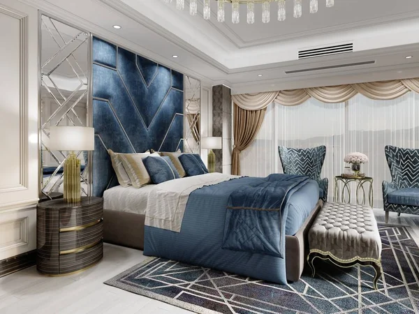 Luxurious designer bed with lacquered bedside tables and golden lamps and a soft ottoman for the bed and with armchairs and a table with a bouquet. 3d rendering.