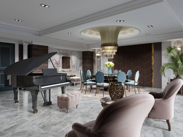 Гостиная с коричневыми креслами перед черным роялем и гостиным уголком в роскошном интерьере. 3D рендеринг.