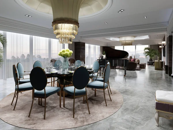 Essbereich Mit Rundem Tisch Und Türkisfarbenen Stühlen Einem Luxuriösen Wohnzimmer — Stockfoto