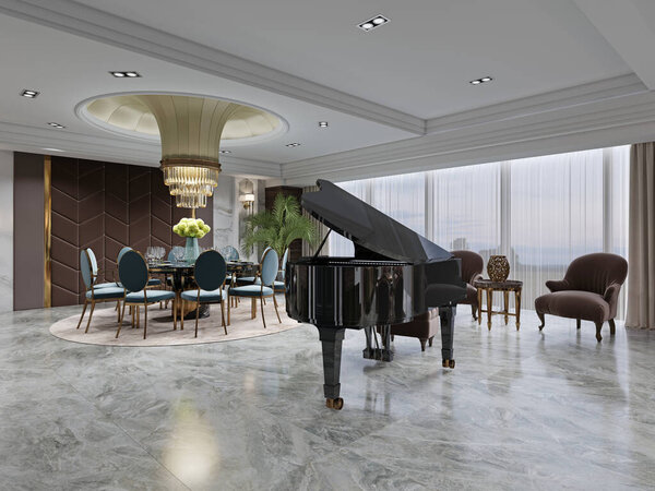 Гостиная с коричневыми креслами перед черным роялем и гостиным уголком в роскошном интерьере. 3D рендеринг.