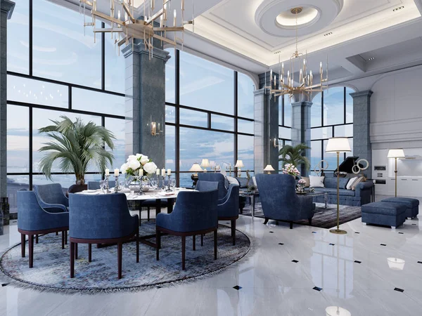 Large luxury classic living room interior with seating area and dining table with blue walls and blue furniture and white marble floor and large windows. 3D rendering.
