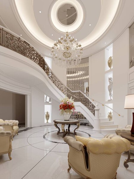 The central round foyer in the interior is classic in style with a spiral staircase and wrought iron railings and a seating area with soft armchairs and white walls with classic decor. 3D rendering. 