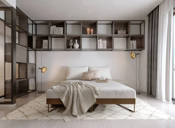 装飾が施された金属の正方形の棚付きのベッドルーム 3Dレンダリング — ストック写真